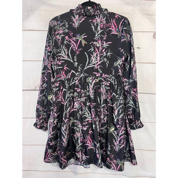 Ted Baker London Size 2 (US sz 6) Long Sleeve Black Bird Print Ruffled Collar - Picture 2 of 5